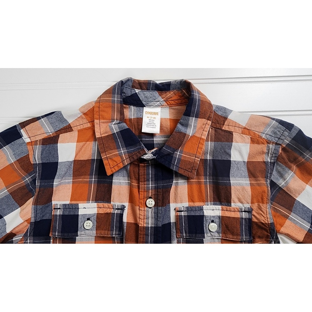 Gymboree‎ Kids Boys Medium 7/8 Plaid Long Sleeve Button Up Shirt Orange Navy